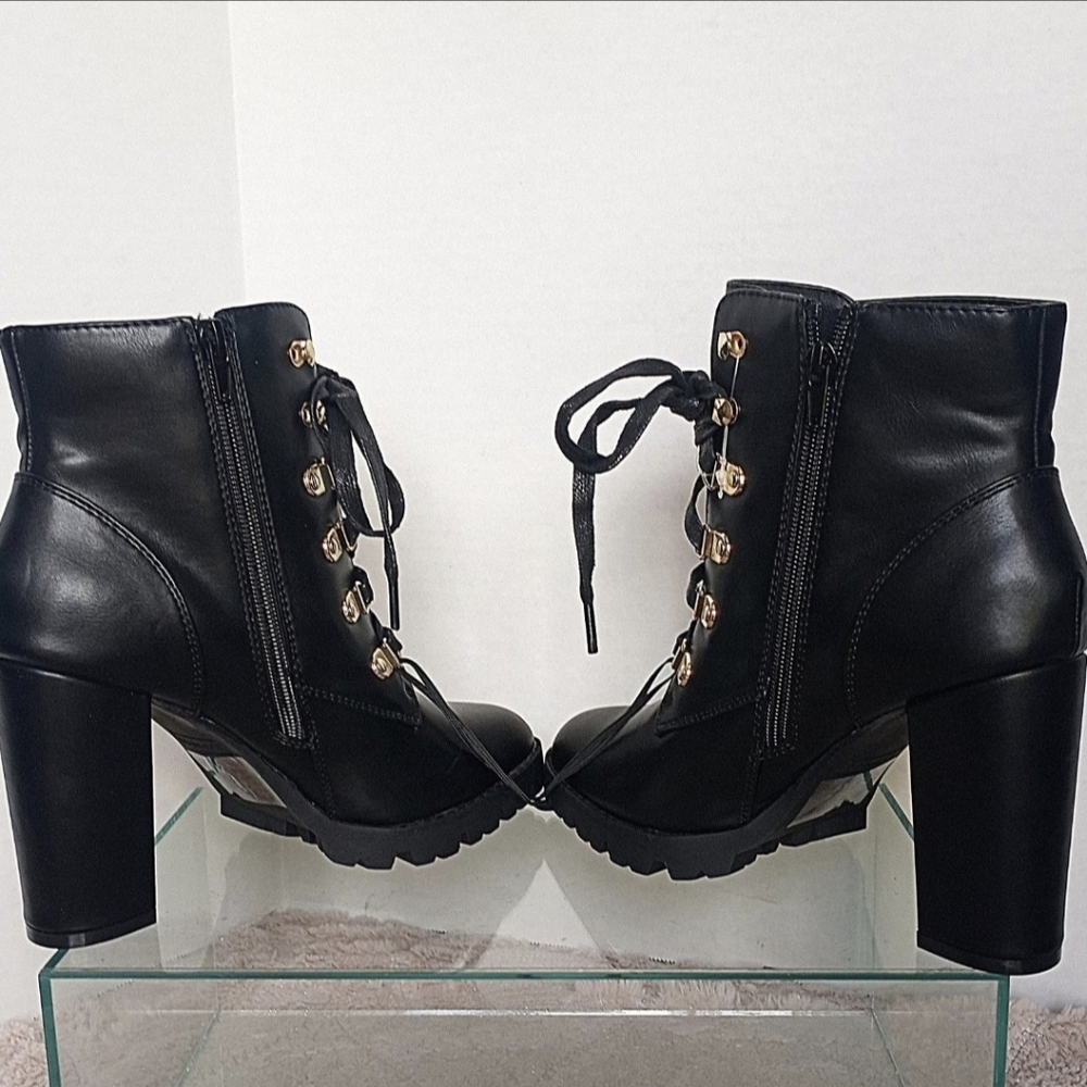 Express Shoes Laced-up Lug High Heel Black Boots   Women Size 8 - Picture 5 of 12